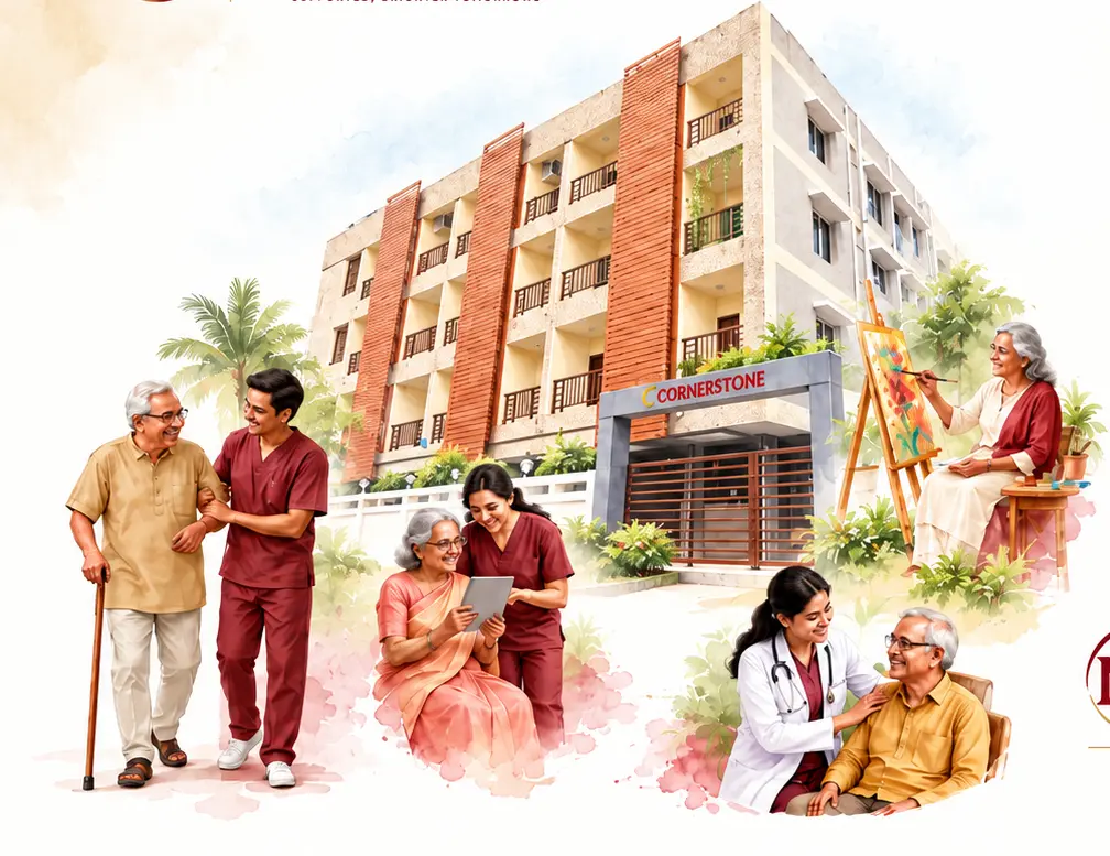 Nirmal's senior living residence, surrounded by older adults enjoying art, companionship, and attentive care.